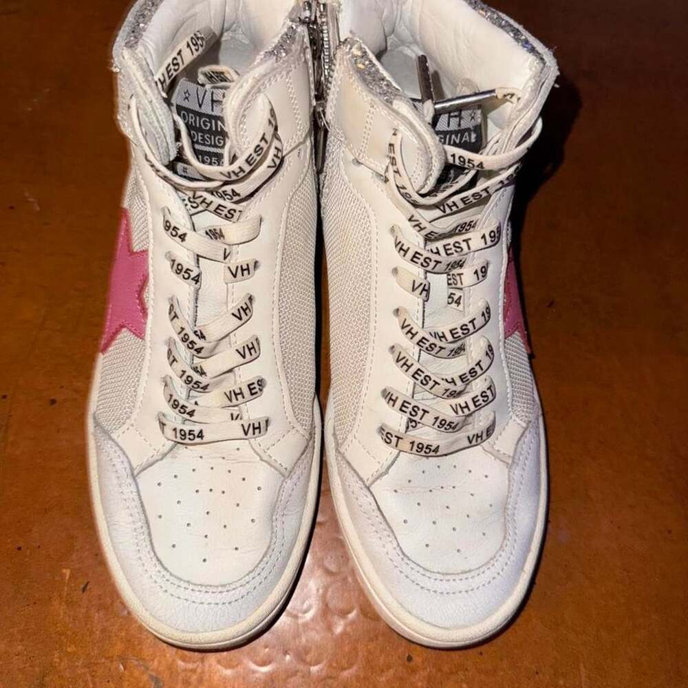 VH EST 1954 Pink Star High Top Sneakers White Silver Glitter